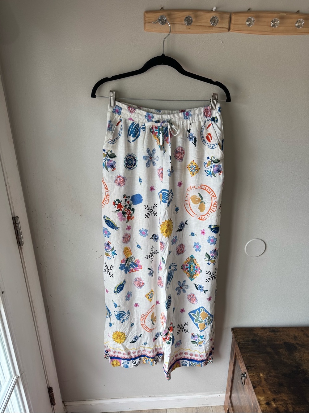 Label of Love Australia Linen Blend Wide Leg Pants Mediterranean Lemon Print M